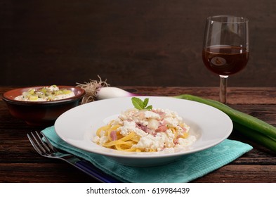 Dish Of Pasta Noodles With Cottage Cheese Bacon And Onion Shallot