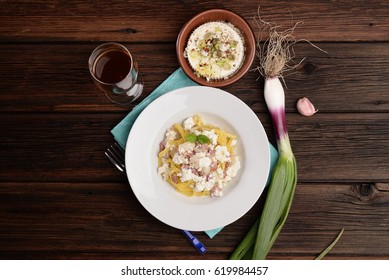 Dish Of Pasta Noodles With Cottage Cheese Bacon And Onion Shallot