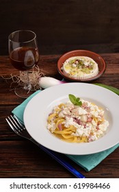 Dish Of Pasta Noodles With Cottage Cheese Bacon And Onion Shallot