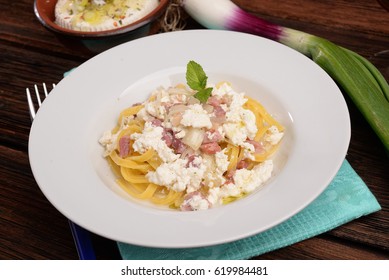 Dish Of Pasta Noodles With Cottage Cheese Bacon And Onion Shallot