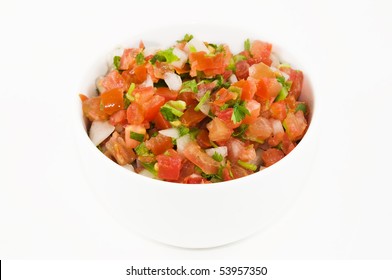 A Dish Of Pico De Gallo, Isolated On White