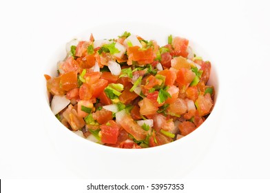 A Dish Of Pico De Gallo, Isolated On White