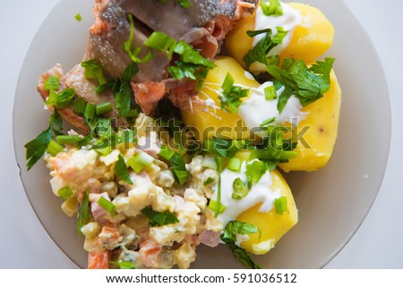  dish of potatoes, meat, salad and greens on a white background