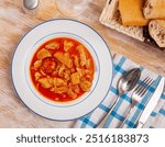 Dish of Spanish cuisine. Stewed veal tripe (Callos) in tomato sauce with chorizo served on white plate