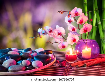 dish of stones massage with orchids and bamboo 