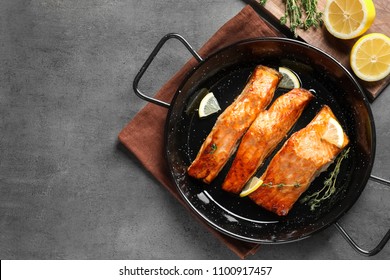 Dish With Tasty Cooked Salmon On Table, Top View