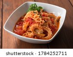 Dish of typical beef tripe with tomato sauce, Italian Cuisine 