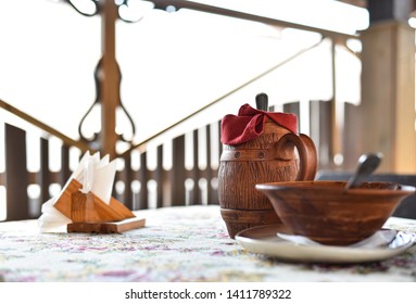 Dishes With Food In The Old Roadside Cafe.