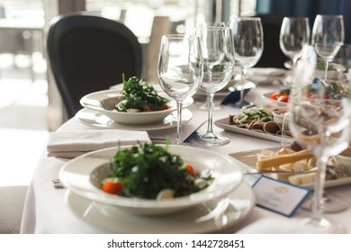 Of The Dishes And Food On The Served Table.  Long Served Feast Table.festive Table In The Restaurant.Interior Of The Banquet Hall In The Cafe.banquet Table In The Restaurant.place Of Celebration