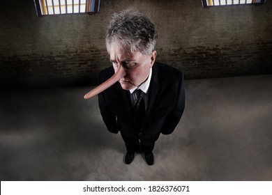 Dishonest Puppet Business Man With A Long Wooden Nose, Liar Concept