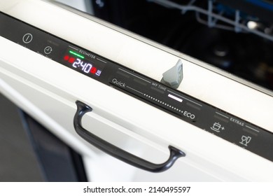 Dishwasher Control Panel. Open Door Of Modern Built-in Dishwasher. No People