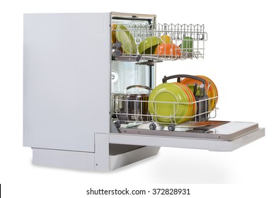 Dishwasher full of utensils isolated against white background