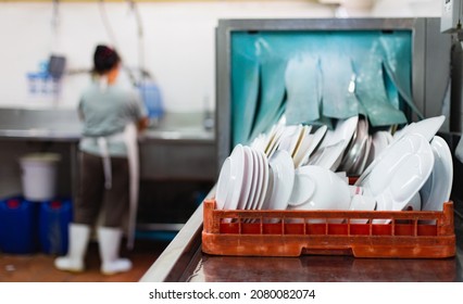 Dishwasher And Staff With Sink At Restaurant