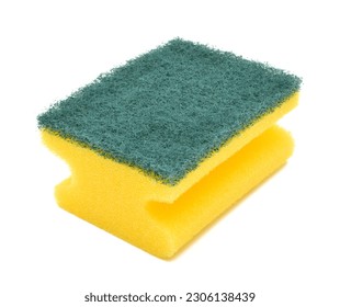 Dishwashing grooved sponge, scrubbing pad with green scouring pad, isolated on white background