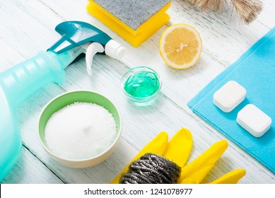 dishwashing products on white wood table - Powered by Shutterstock