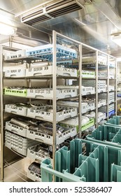 Dishwashing Racks In A Large Commercial Kitchen