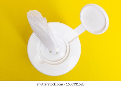 Disinfectant Wipes In Packaging On Yellow Background Closeup