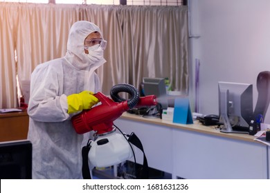 Disinfecting spray anti Corona virus in business office as a prevention against Coronavirus disease 2019,COVID-19