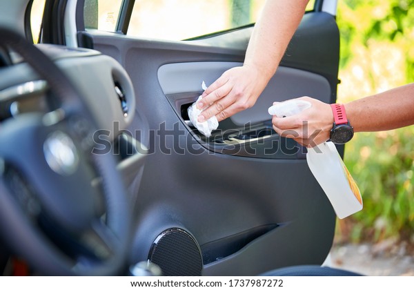 Disinfection of the interior of a driving school
car, during the Coronavirus
time