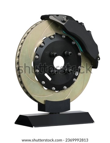 Disk Brake System Hydraulic Disc Brake System with black caliper and break pads inside perspective view isolated on white background. this has clipping path.