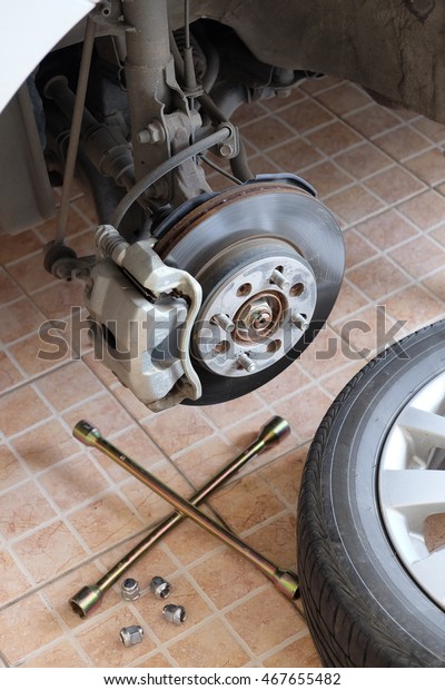 Disk\
brake,Jacking up a car to change a\
tyre.