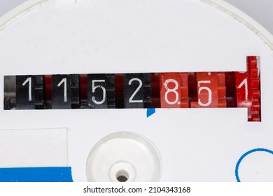 Disk Digital Mechanical Counter, As Component Of A Water Meter, Fragment Of The Front Panel Close-up 
