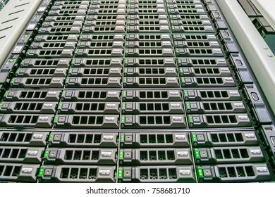 Disk storage is  in the server room.Server farm. Powerful computer equipment is installed in the rack. Modern Data Center