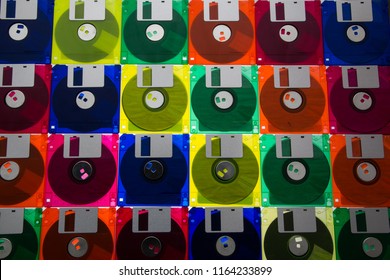 The diskettes 3/2 are a technology icons of de decade of 90s. Retro, vintage and colourful computer diskettes.