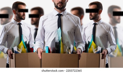 Dismissal Mans. Pensive Mans With Cardboard Box. Box As Dismissal Symbol. Dismissal Guys In Office Clothes. Dismissed Employee On White. Dismissed Humans With Hidden Eyes. Labor Market Crisis