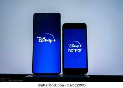 Disney Plus And Disney Plus Hotstar Logo On Phone. Bangkok, Thailand 7 August 2021