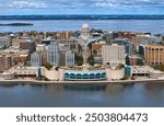 dison, Wisconsin Capitol building and Frank Lloyd Wright designed Monona Terrace building.  View from Lake Monona