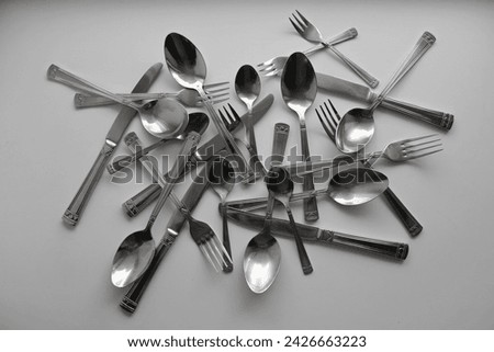 Disordered Items From One Cutlery Set On Clean White Surface Stock Photo For Table Setting Illustration 

