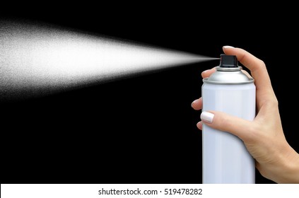 The Dispersion Jet From An Aerosol Can In Feminine Hand On Dark Background