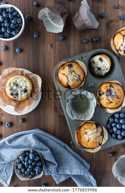 Display of blueberry muffins, blueberries and a\
muffin tin. Baked goods\
concept.