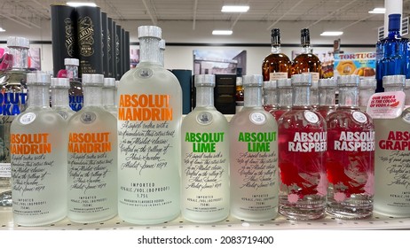 A Display Of Bottles Of  Flavored Absolut Vodka With Background Bokeh At A Binneys Liqour Store In Springfield, Illinois.