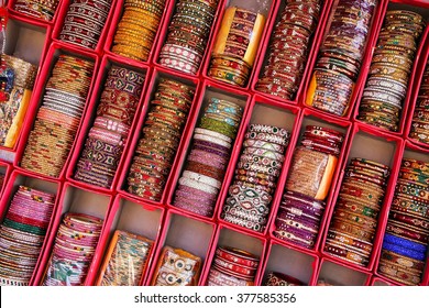 Display of colorful bangels inside City Palace in Jaipur, Rajasthan, India.