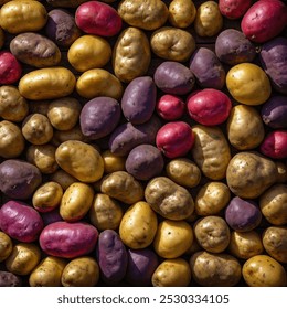 A display of different varieties of potatoes, including red, purple, and golden, placed together in a basket, showcasing their natural diversity and vibrant colors. - Powered by Shutterstock