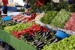 Display Of Fresh Fruits And Vegetables At A Market In Istanbul, Turkey - Tomatoes, Peppers, Beans, Eggplants
