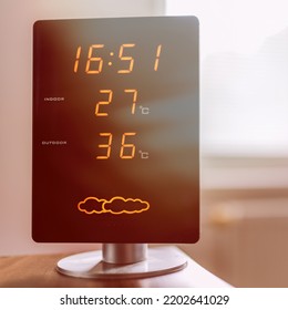 Display Of Home Meteo Station Showing High Interior And Exterior Temperature During Hot Summer Day.