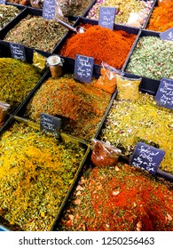 A Display Of Loose Spices For Sale At A Food Market In Paris, France.