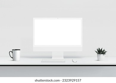 Display mockup. Clean, flat composition of office desk with computer display, keyboard, mouse, coffee mug and plant