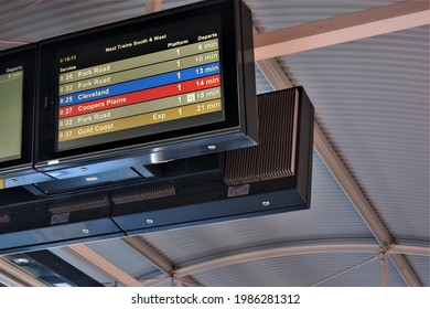 A display monitor showing train’s schedule in Brisbane Central Station, Brisbane, Queensland, Australia.