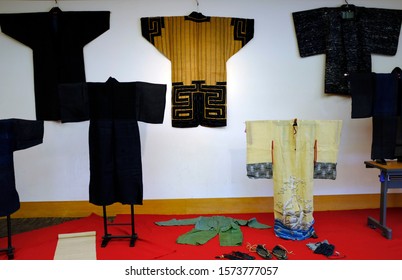 Display Of Old Japanese Traditional Clothings Or Kimono At A Museum In Tokugawa Garden, Nagoya, Japan.