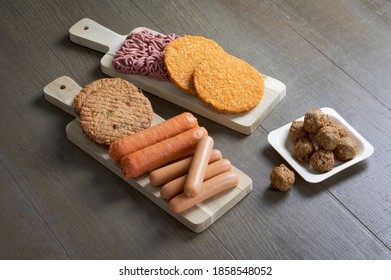 Display Of Plant Based Vegetarian Meat Products For A Plant Based Diet On A Wooden Table