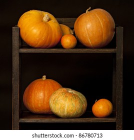 Display of pumpkins in a kitchen shelf.