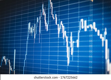 Display of quotes pricing graph visualization under blue background. Financial statistic analysis on dark background with growing financial charts. Stock analyzing. Price chart bars.