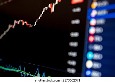 Display of quotes pricing graph visualization under black background. Financial statistic analysis on dark background with growing financial charts. Stock analyzing. Price chart bars.