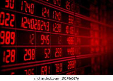 Display Of Red Electronic Board Of Stock Market Quotes. Down Trend Or Recession Concept