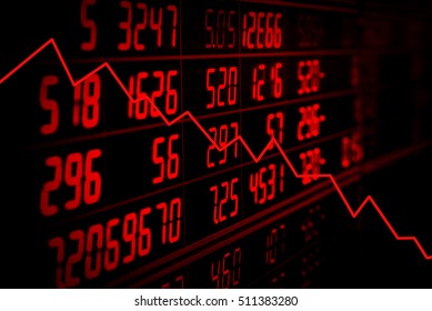 Display Of Red Electronic Board Of Stock Market Quotes With Down Trend Graph. Recession Concept