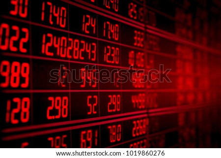 Display of red electronic board of stock market quotes. down trend or recession concept